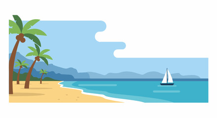 Obraz premium A serene beach scene with palm trees, mountains, and a sailboat on the ocean