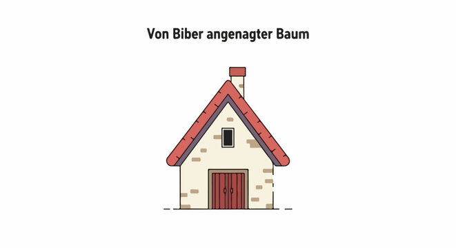 A simple illustration of a house with a prominent red roof and doors, with a chimney