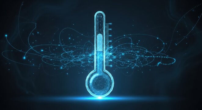A glowing blue thermometer with swirling lines and dots illustration