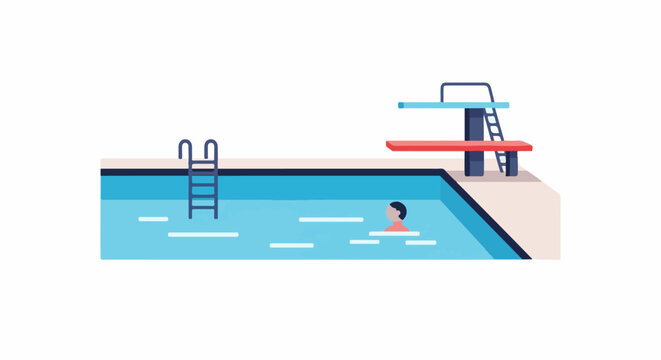 A person swims in a pool with a diving board and ladder