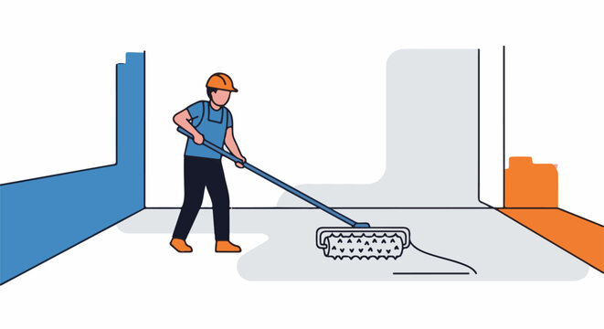 A person in work clothes mops a floor in a room