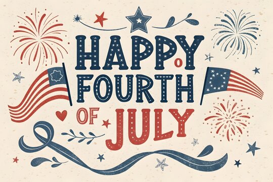 Happy fourth of july retro typography greeting card design featuring vintage style lettering patriotic american flags and festive fireworks elements on textured background