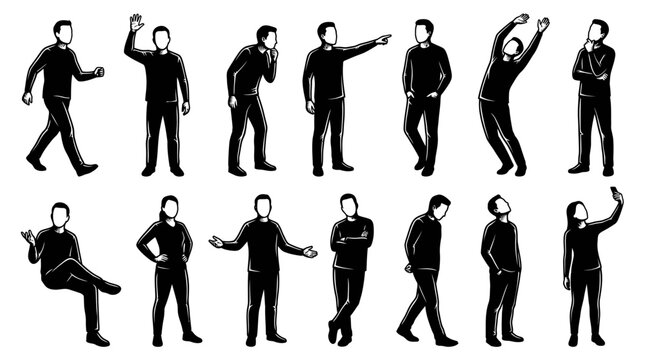 General Human Activity Black and White Glyph Style Vector People Poses Collection