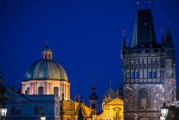 Fototapeta premium Prague Night Skyline with Bridge Tower and Illuminated Dome