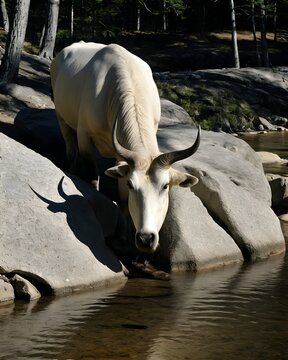 A granite takin  genetic hybrid fantasy animal, fictional species , in an open terrain a forest basin getting a drink. 