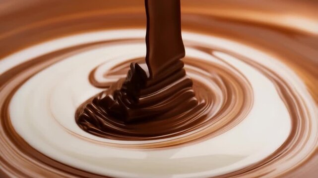 Slow motion close-up shot of dark chocolate sauce pouring into swirling milk cream forming spiral pattern