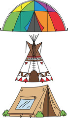 Camping Tent and Teepee Icon Set with Colorful Dome Wigwam and Classic Ridge Shelter for Outdoor Adventure and Glamping Designs © Rownok