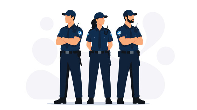 Three Police Officers in Uniform Standing Confidently Together Against a Simple Background