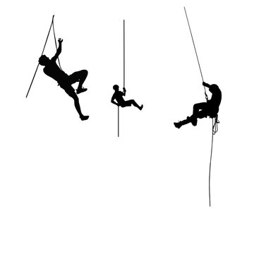 Action silhouettes of rescue workers or mountaineers climbing up and rappelling down ropes.