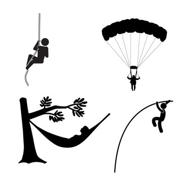 Outdoor recreation silhouette set featuring a zipline rider, parachutist, person relaxing in a hammock, and a pole vaulter.