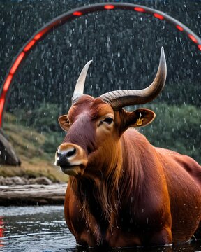 A  takin  genetic hybrid fantasy animal, fictional species , in a river near a cosmic ring.