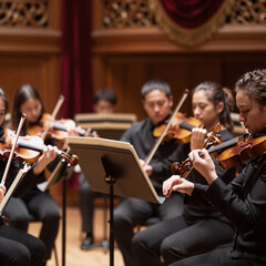 Fototapeta premium Environment Concept Female Musician. A Vintage-Style Image Of A Symphony Orchestra On Stage, Focusing Closely On Musicians Playing Violins