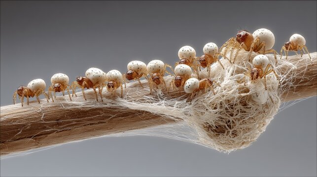 Macro view of multiple tiny spiderlings crawling in a line from a silk nest on a branch, professional commercial stock photography