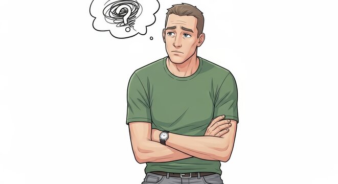 Confused man with arms crossed thinking about a problem isolated on white background