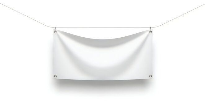 Blank white banner hanging from a string isolated on white background.