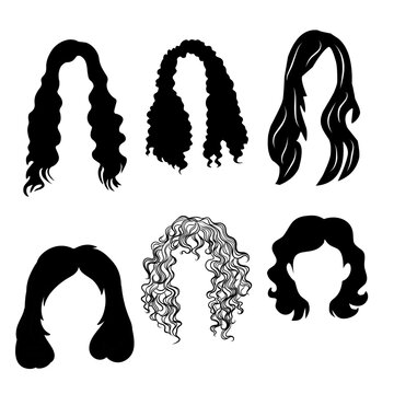 Diverse women's long hair wigs and curly hairstyle silhouettes for hair salons, extensions, and grooming guides.