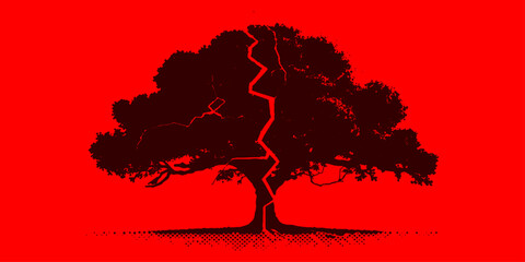 Fototapeta premium Tree silhouette vector illustration with grunge style nature design, map inspired pattern, black silhouette art with red and symbolic country elements and decorative floral accents