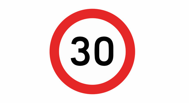 A round red sign with the number 30 in black, indicating a speed limit