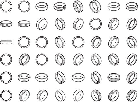 A collection of ring designs in various isometric perspectives and styles, showcasing different textures and shapes, presented in a grid layout for design reference.
