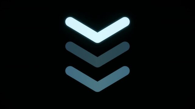 Scrolling down arrows animation. Glowing blue digital chevrons on black background