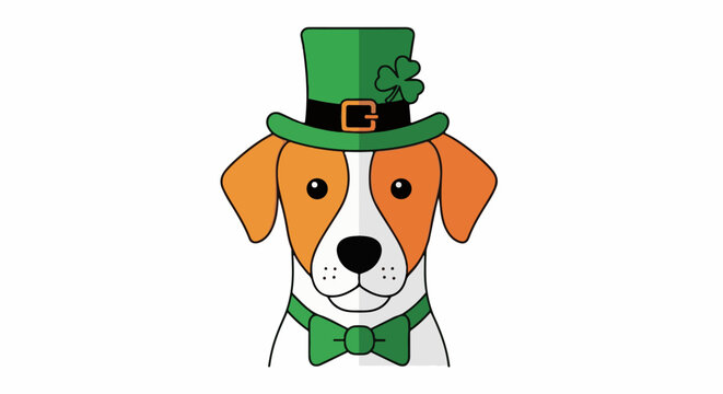 A playful dog wears a St. Patrick's Day hat and bow tie