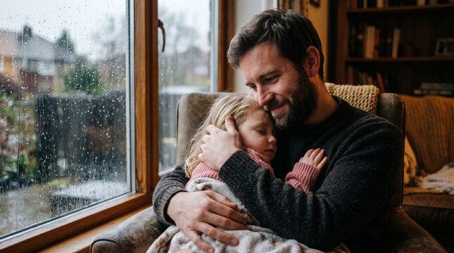 Father and Daughter's Cozy Moment: A loving father cradles his sleeping daughter by a rain-streaked window, sharing a tender embrace that speaks of warmth, security, and unconditional love.