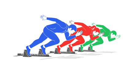 Fototapeta premium Athletes Sprinting from Starting Blocks, Team Race Competition, Dynamic Movement