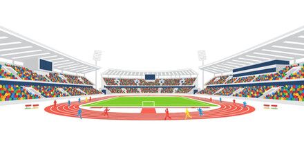 Athletics stadium with running track, spectators and stadium lights, wide angle view © Neilaaulia