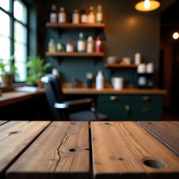 Weathered wood tabletop, defocused barber ambiance, aged, space