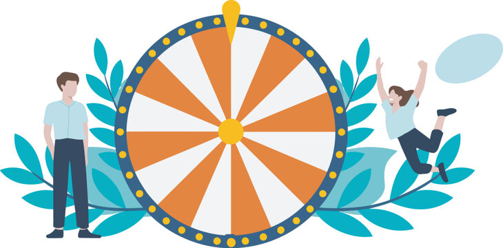 Lucky, wheel of fortune icon and illustration set with cheering people representing prizes, giveaways, and reward systems suitable for apps, contests, and gamification interfaces.