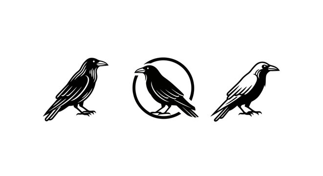 Three stylized black crow logo illustrations in monochrome.