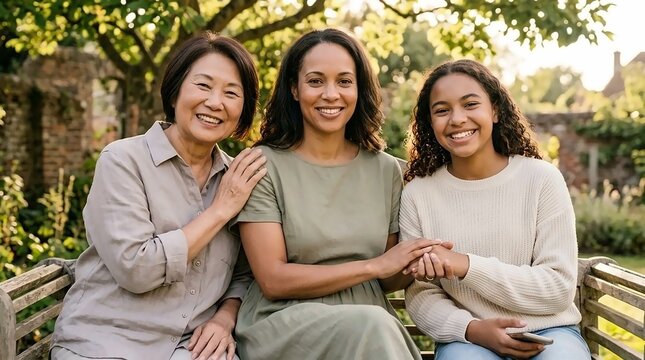 Three multigenerational women of diverse ethnicities smiling together on a wooden bench in a sunny garden, expressing warmth and family connection.