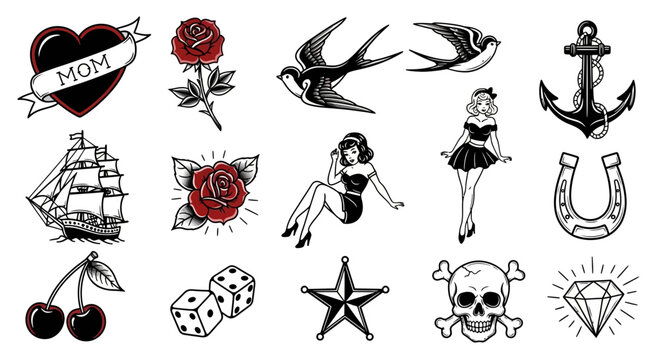 Collection of traditional old school tattoo flash icons including roses and nautical symbols.