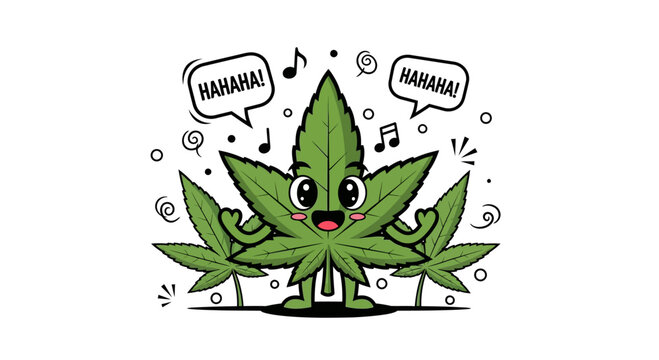 Happy laughing cannabis leaf cartoon character with musical notes and haha text.
