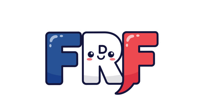 Stylized FRF lettering design in blue white and red with cute cartoon face.
