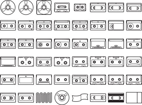 A collection of vintage audio cassettes and reels in a clean, illustrative style, showcasing a variety of formats and designs for graphic resources.