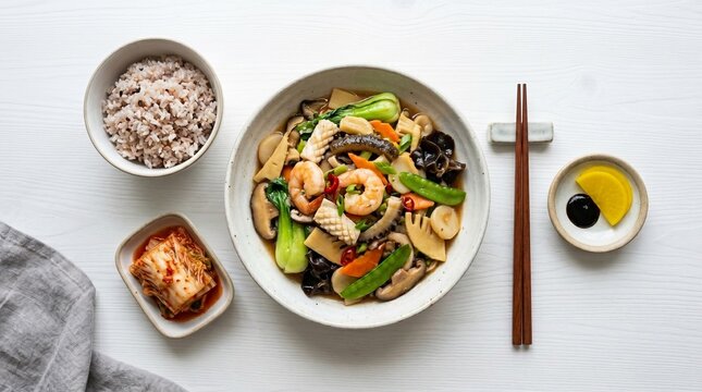 An overhead flat lay of a ceramic platter filled with vibrant Palbochae stir-fried seafood, served with a bowl of multigrain purple rice, kimchi, and danmuji on a white wooden table.