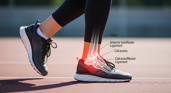 Running shoe anatomy and ankle ligament injury. Sports science and biomechanics. Transparent overlay of foot bones and ligaments on a runner in motion