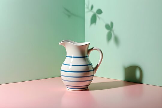 White ceramic pitcher with blue stripes sits in the corner of a room with light green and pink walls, casting shadows.