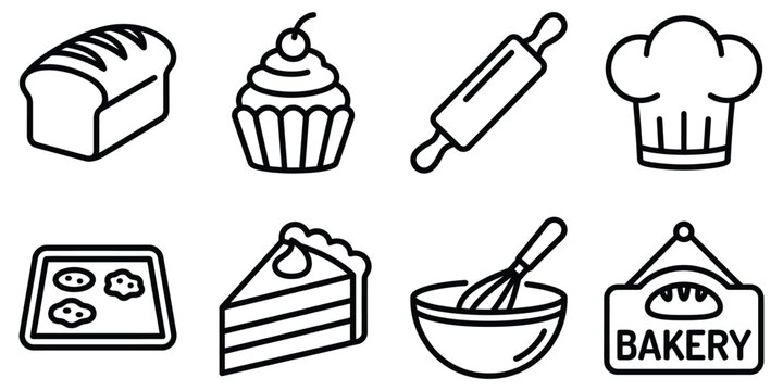 Bakery Icons with Chef Hat Rolling Pin Cupcake Slice Cake Bread and Sign Vector Silhouette