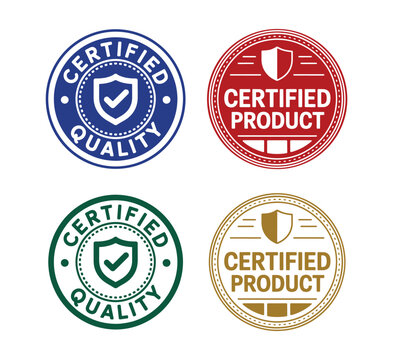 Certified quality product round badges set with shields for business warranty