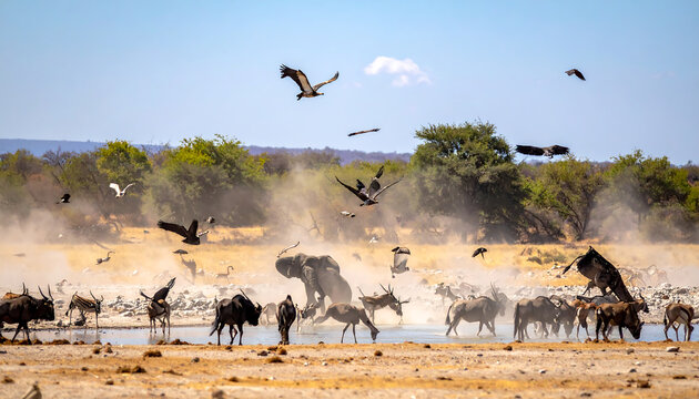 African wildlife at a watering hole with elephant wildebeest zebras and birds of prey flying