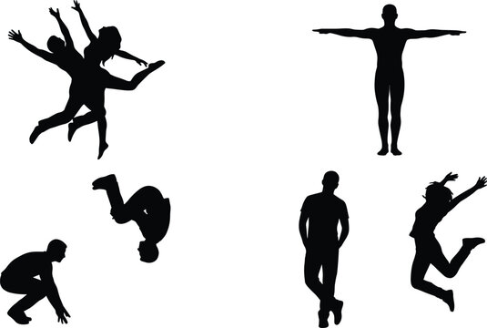 Silhouette collection of people in dynamic action poses including jumping, dancing, standing, and mid-air acrobatic flips