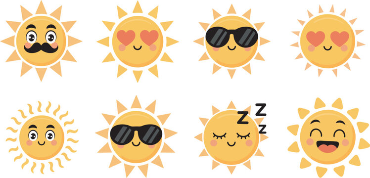 Cute, sun character set featuring emoji expressions including sunglasses, hearts, mustache, and sleeping faces in flat vector style ideal for stickers, kids&rsquo; content, and playful digital design 