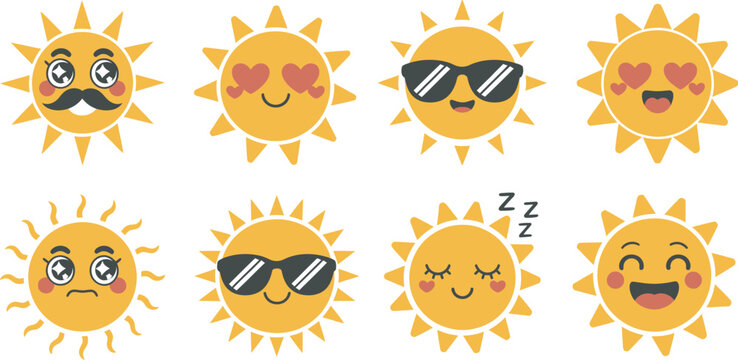 Cute, smiling sun emoji collection with different expressions such as happy, cool with sunglasses, love hearts, mustache face, and sleepy sun in colorful flat illustration style.