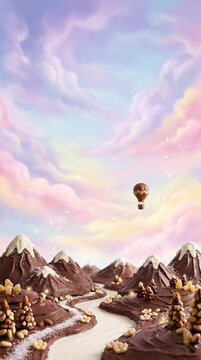 A miniature chocolate fantasy landscape with chocolate mountains and a milk river at the bottom of the frame.