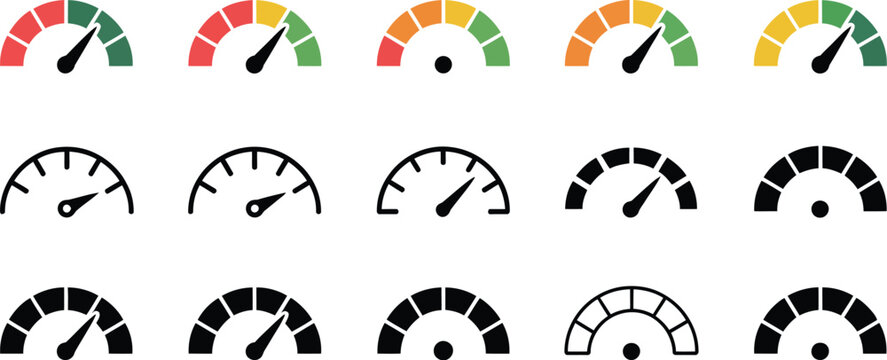 Speedometer Icon Set Including Gauge Dashboard Arrow Tachometer and Speed Indicator Interface Symbols Illustration