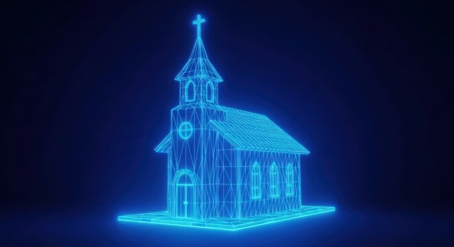 A blue wireframe of a church with a steeple illustration