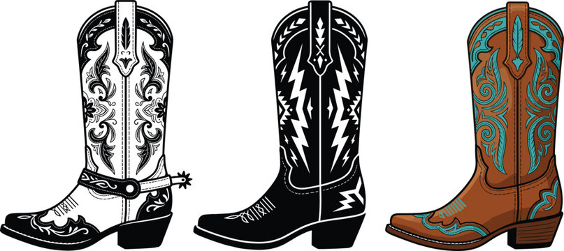 Decorative Cowboy Boot Vector Collection Featuring Lightning Pattern, Engraved Leather, and Vintage Western Rodeo Footwear Fashion Illustrations
