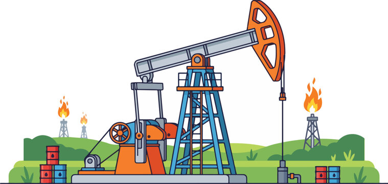 An oil pumpjack operates in a field with burning gas flares nearby.